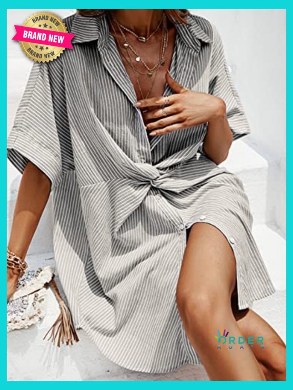 Button Down Shirt Dress Short Sleeve V-Neck Mini Casual Stripe - Picture 2 of 7